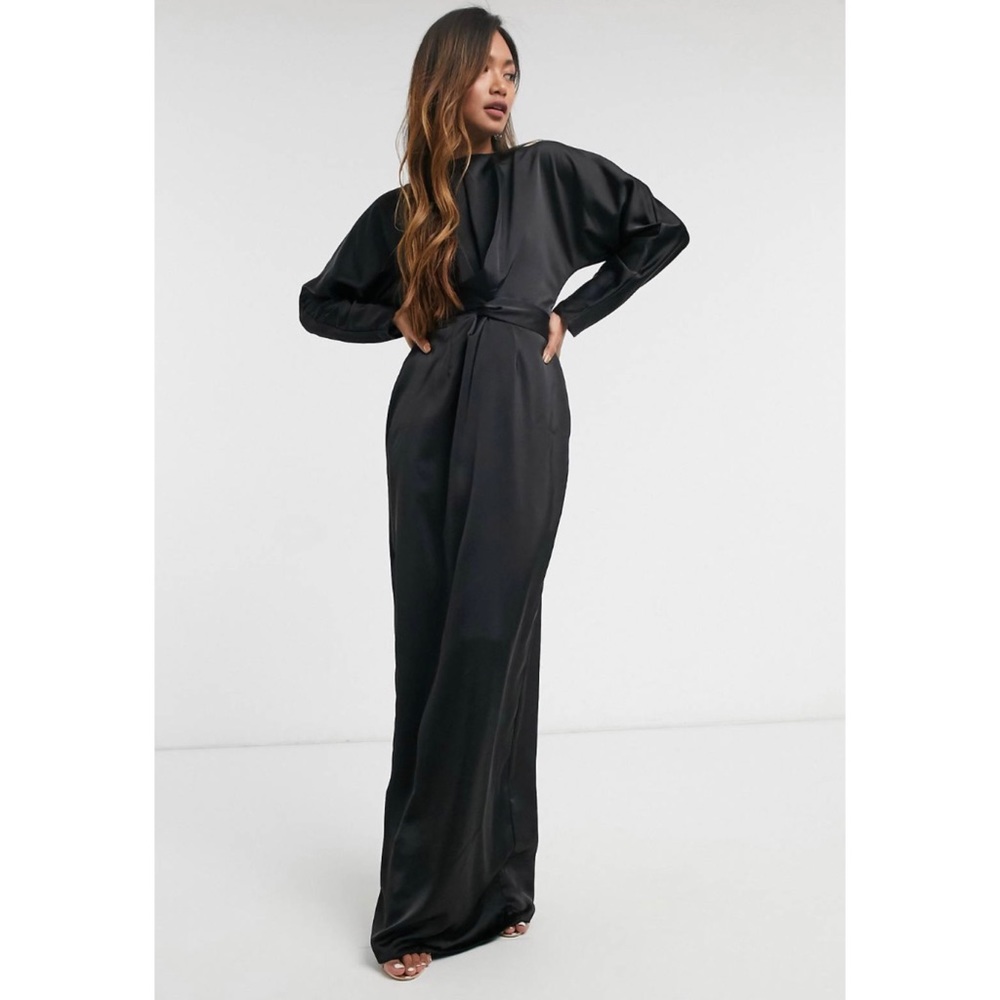 ASOS DESIGN satin maxi dress with wrap waist in black